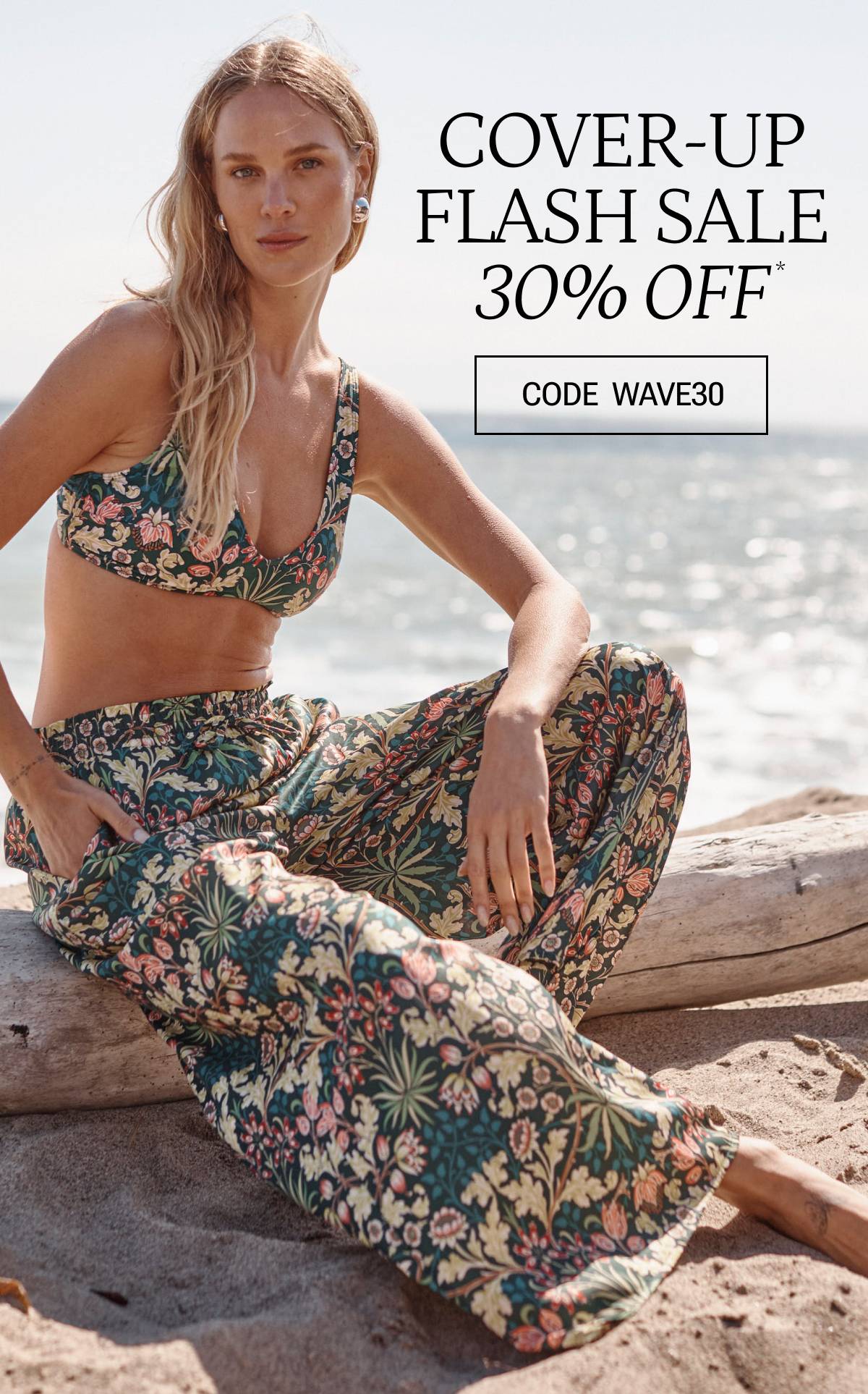 Model in floral printed bikini and matching palazzo pants