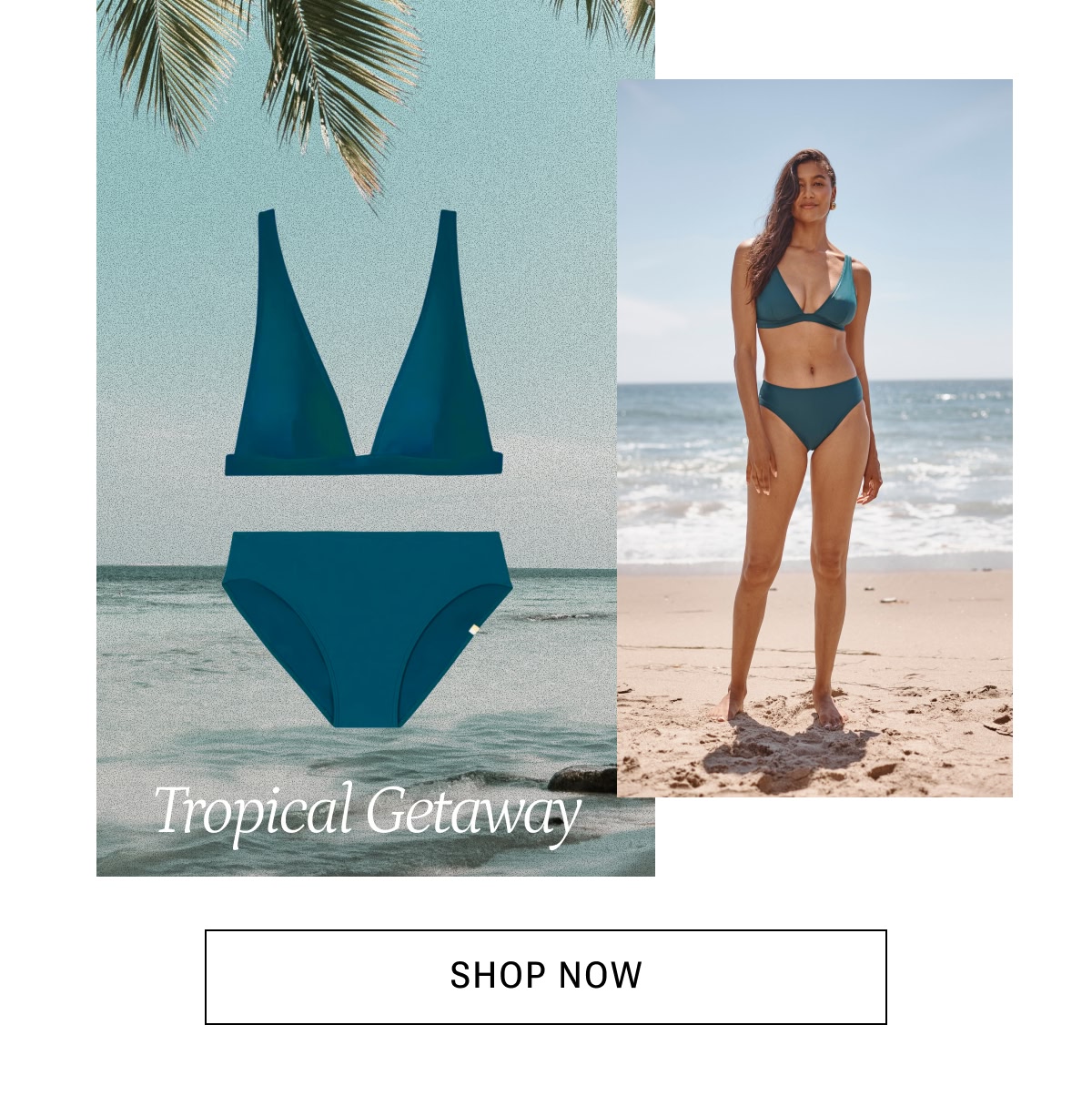 Model wearing a Seaweed green bikini top and bottom