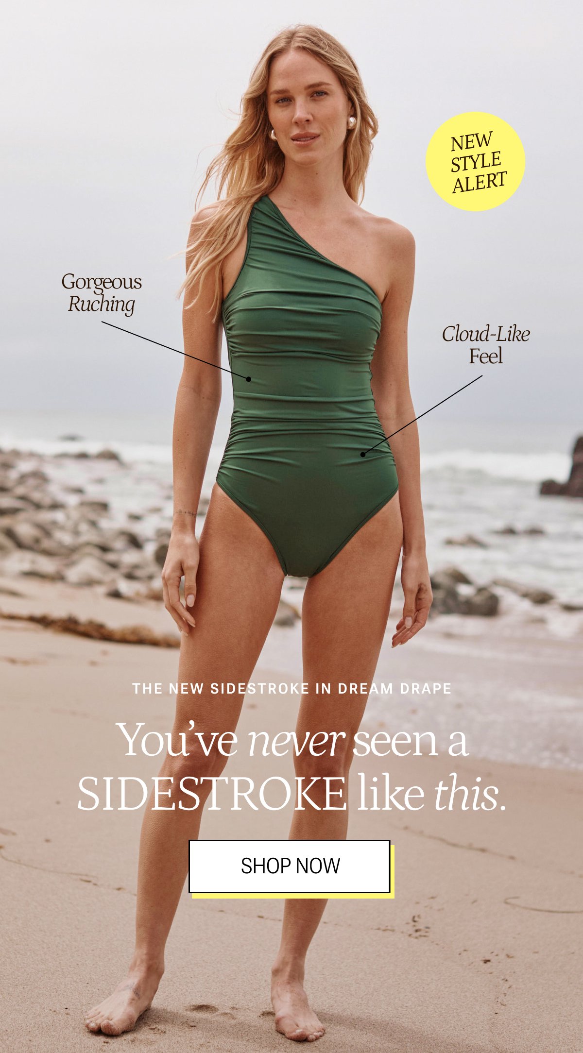 Model wearing an olive green one piece swimsuit on the beach