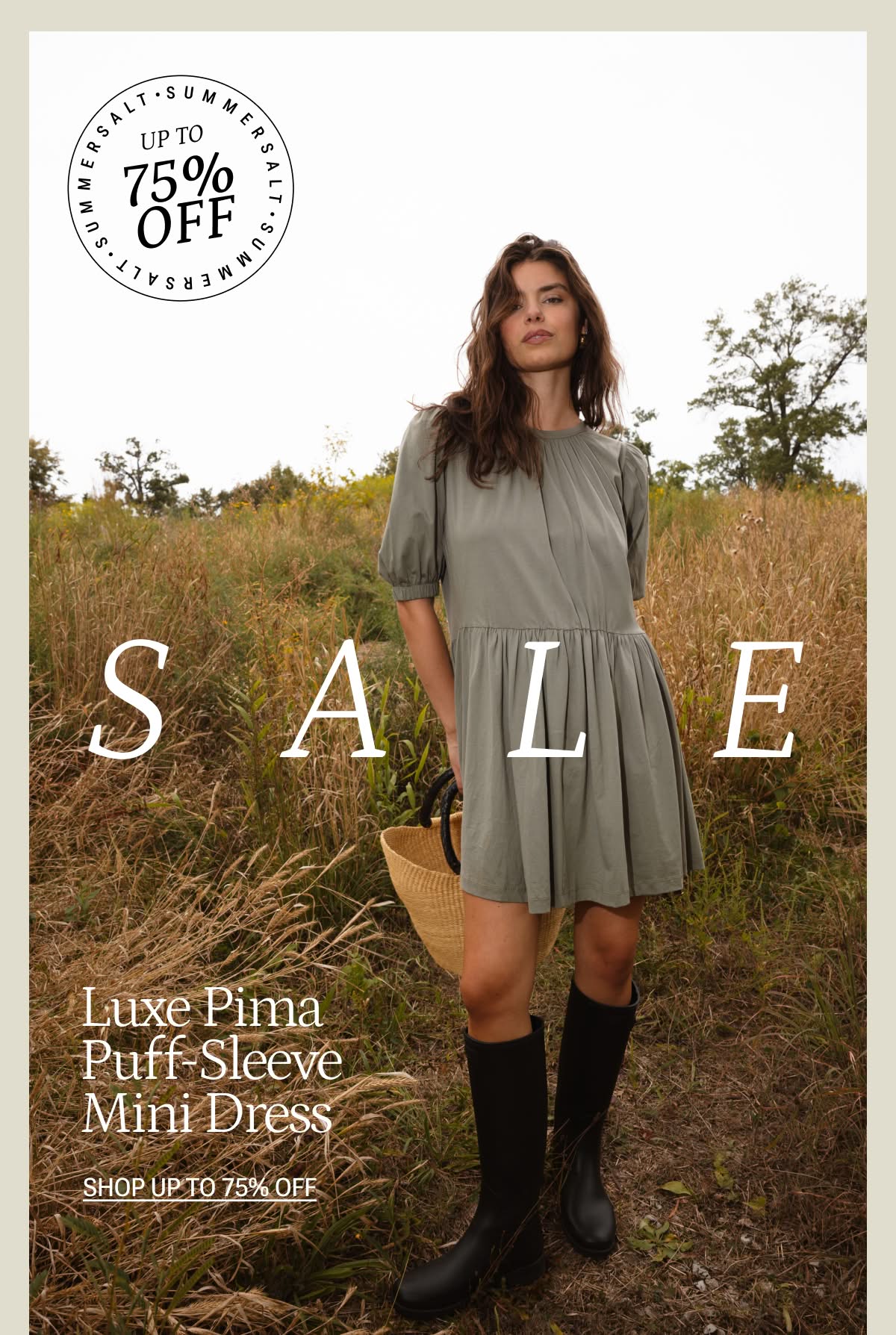 Model in agave puff sleeve mini dress