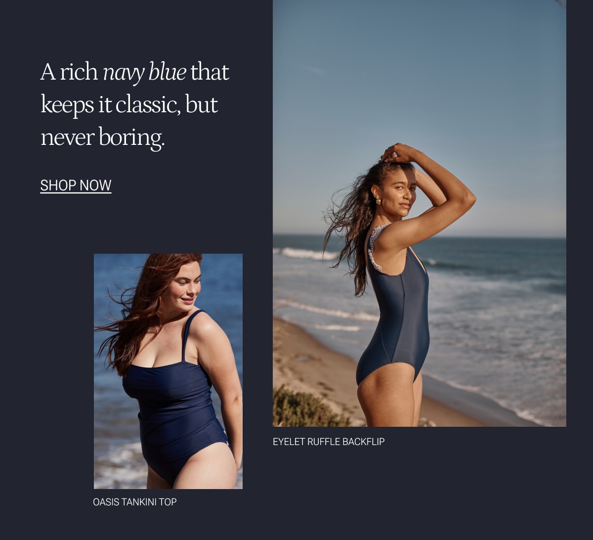 Models in navy blue one piece swimsuits