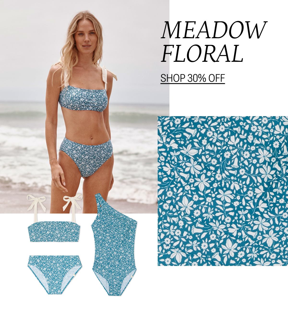 Model wearing a meadow floral printed bikini top and bottom