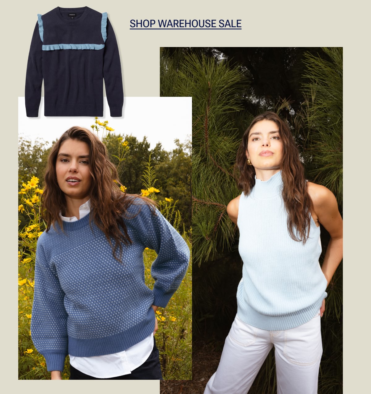 Model in blue cashmere sweater and sweater vest