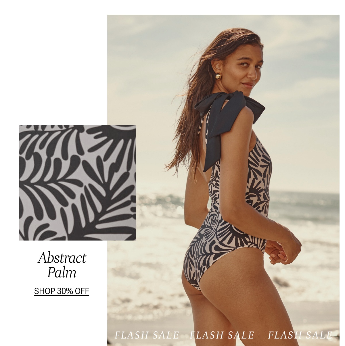 Model in printed one piece swimsuit