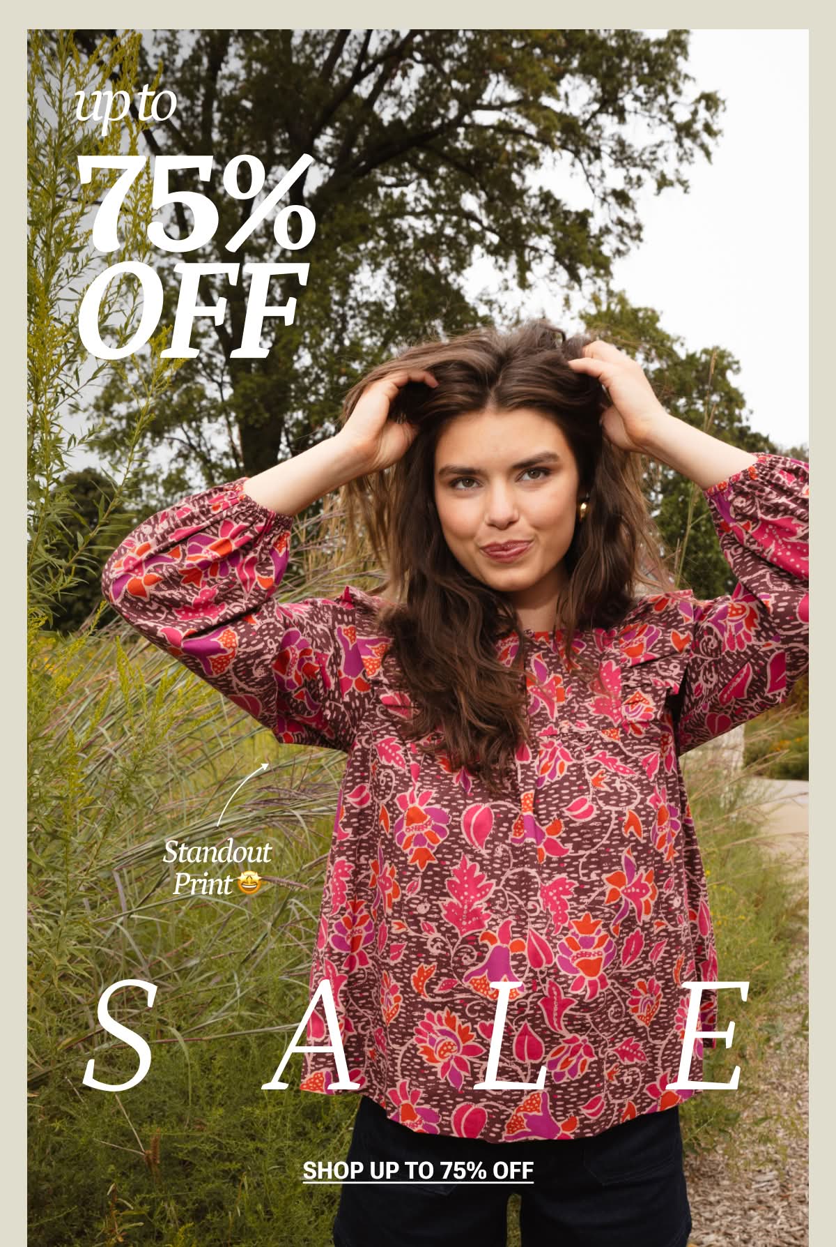 Model in floral printed blouse top