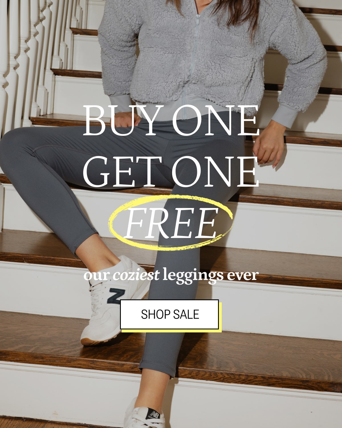 Model in gray fleece jacket and matching leggings