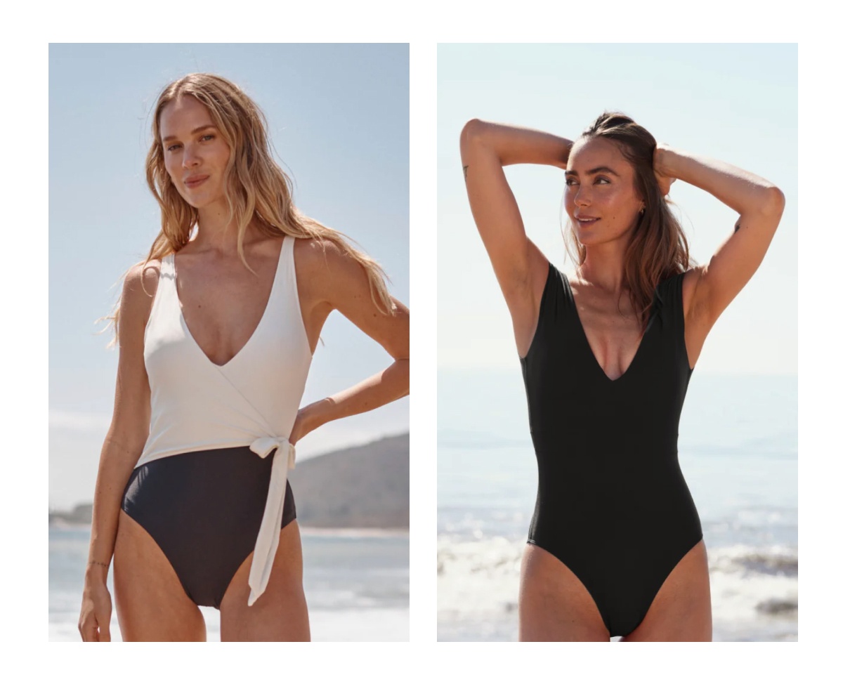 Models in black and white one piece swimsuits