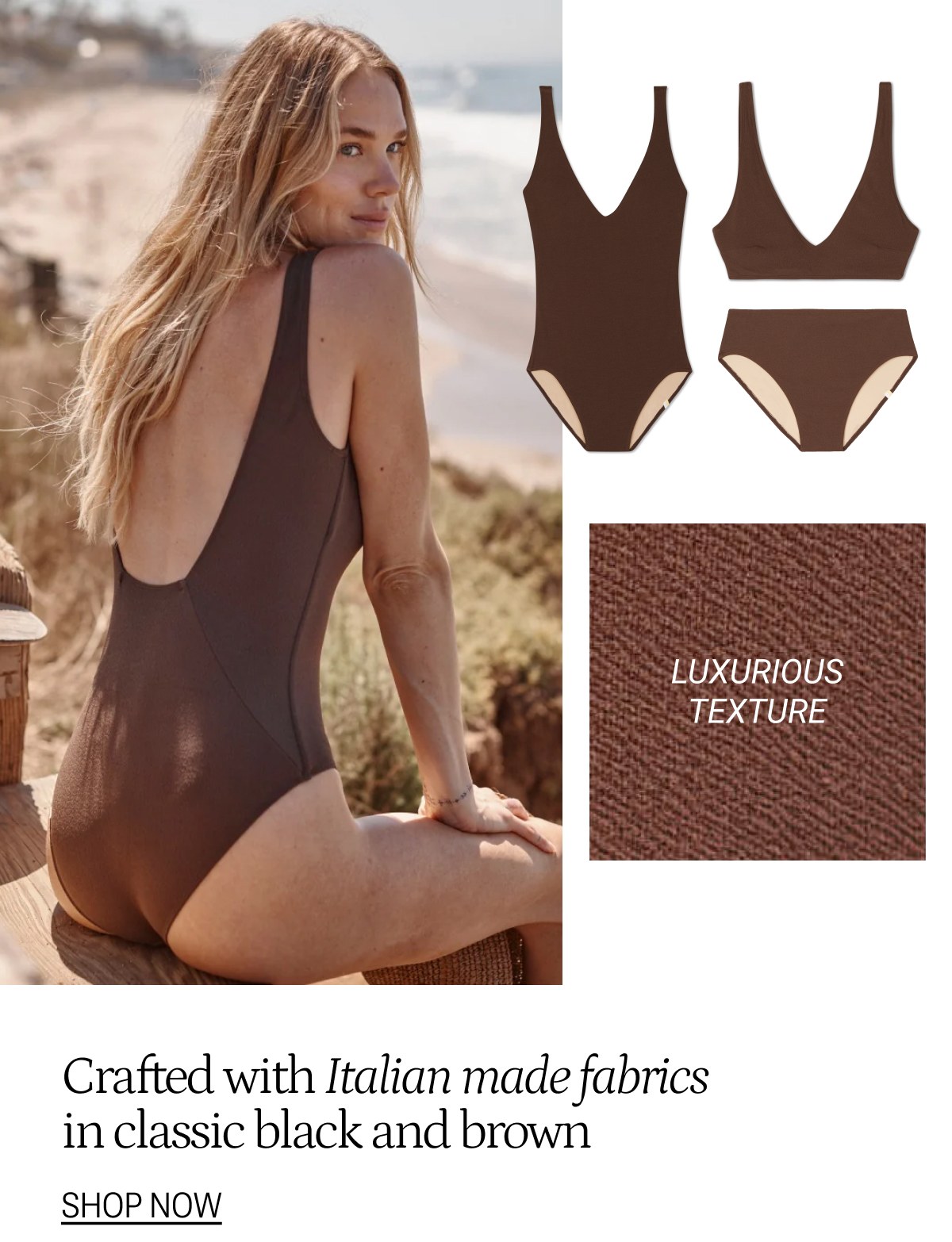 Model in LuxeCrinkle mocha one piece swimsuit