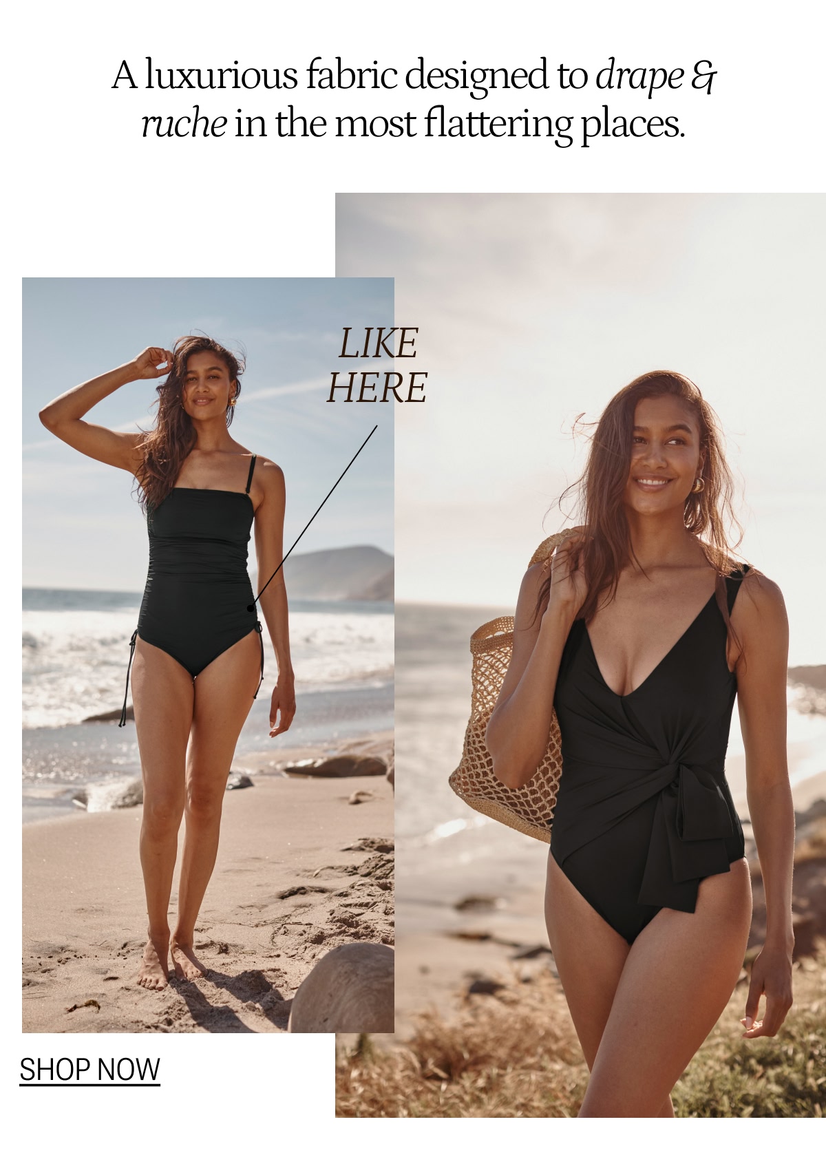 Models in black one piece swimsuits