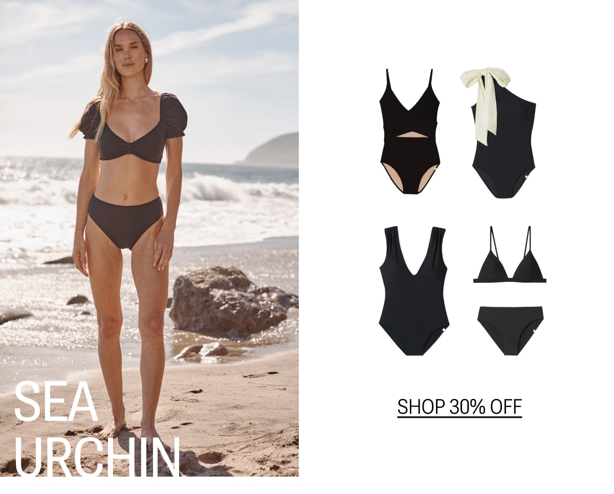 Model in black bikini top and bottom