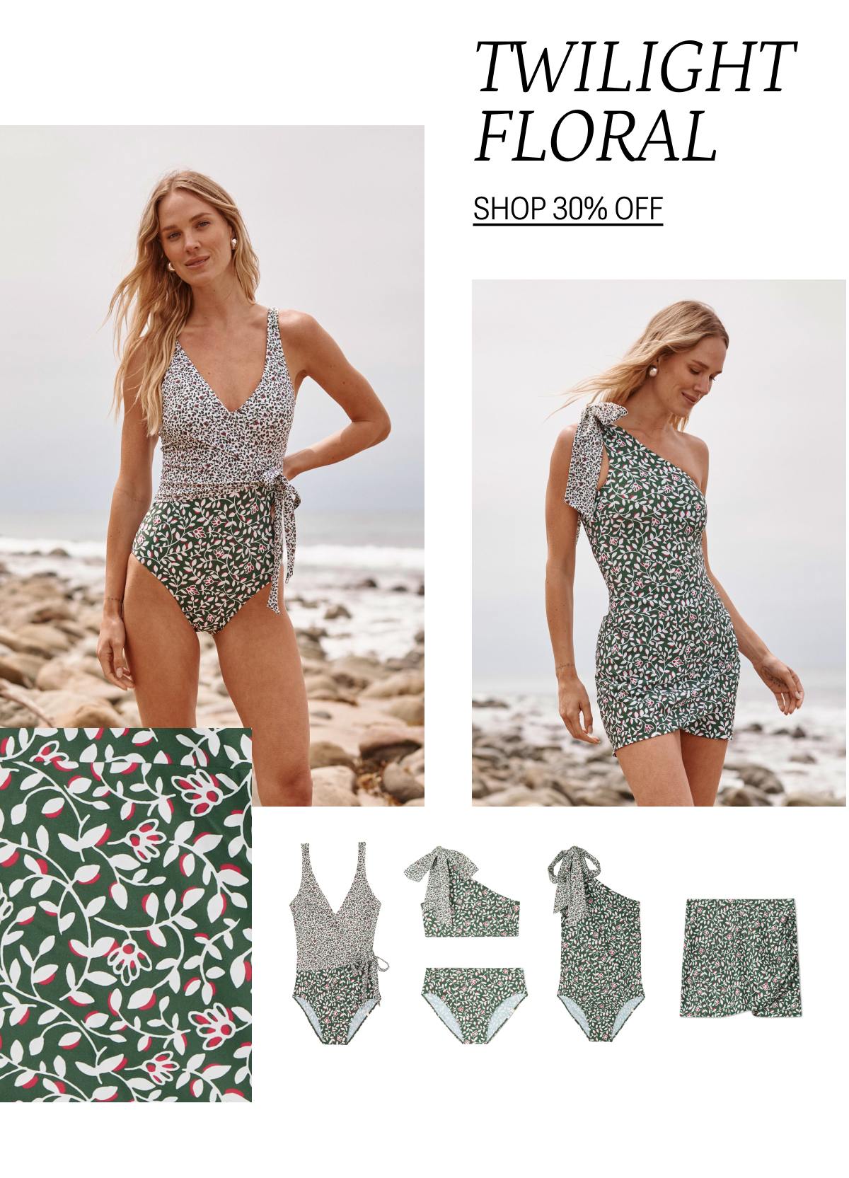 Model wearing a twilight floral printed one piece swimsuit