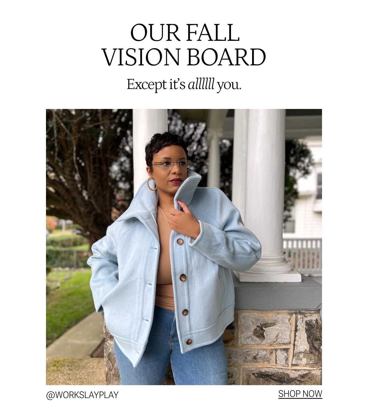 Model in blue short wool coat