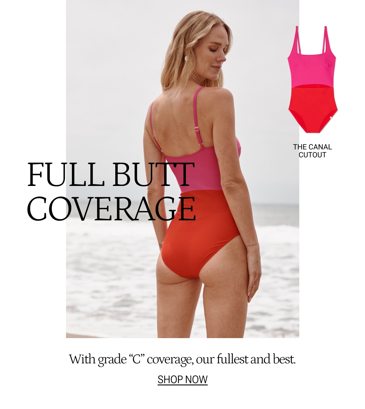 Model in pink and red one piece swimsuit