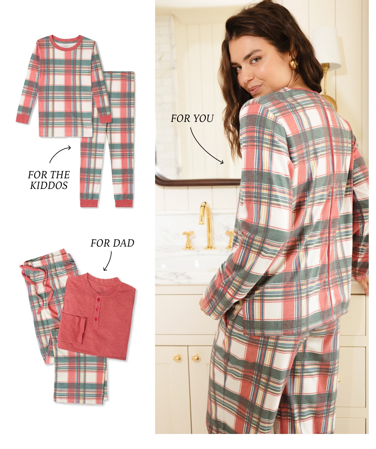 Model in red and white plaid holiday pajamas