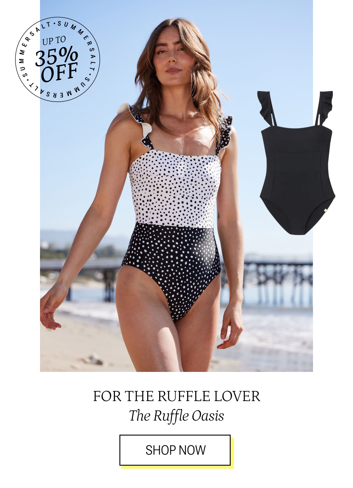 Model in polka dot ruffle oasis one piece swimsuit