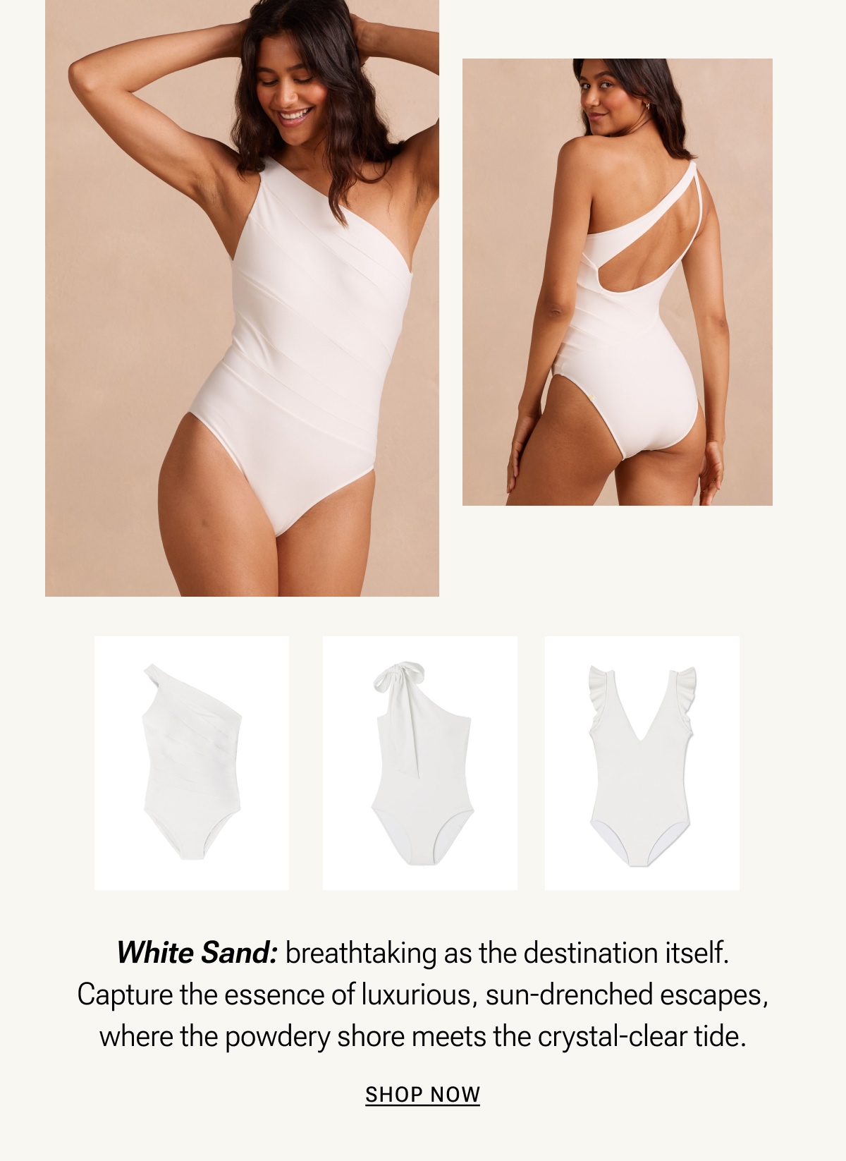 Model in white one piece swimsuit