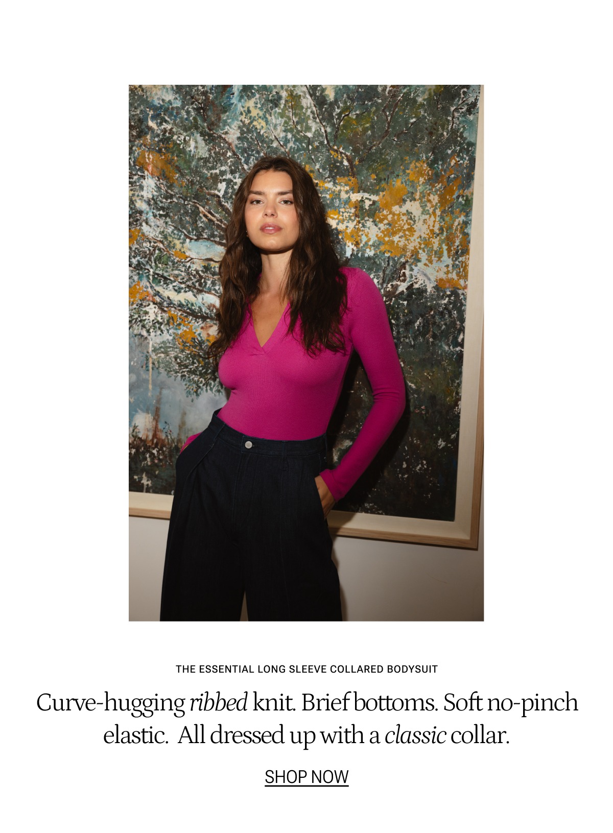 Model in pink collard bodysuit