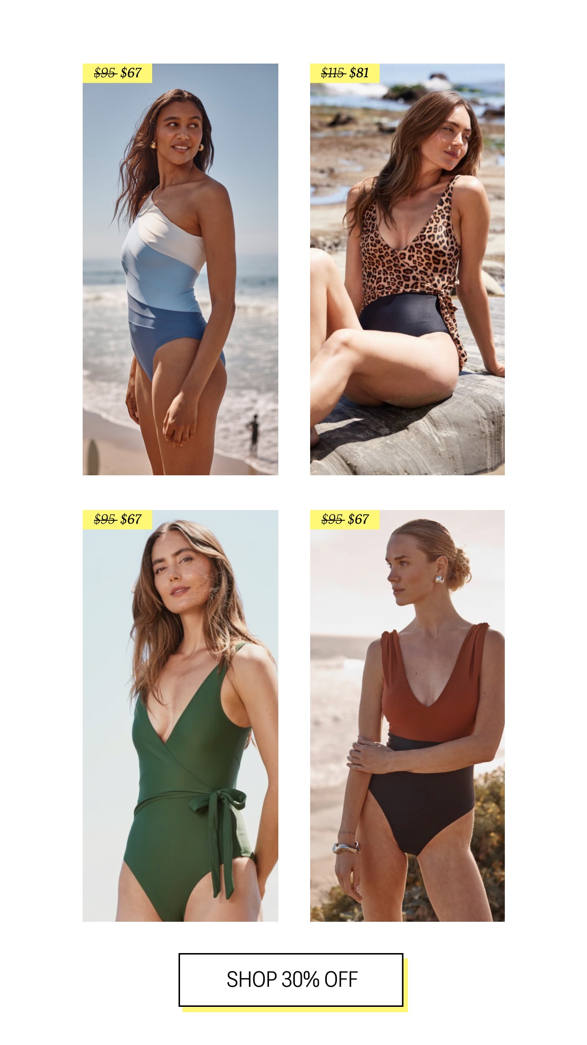 Models wearing various one piece swimsuits on the beach from Summersalt