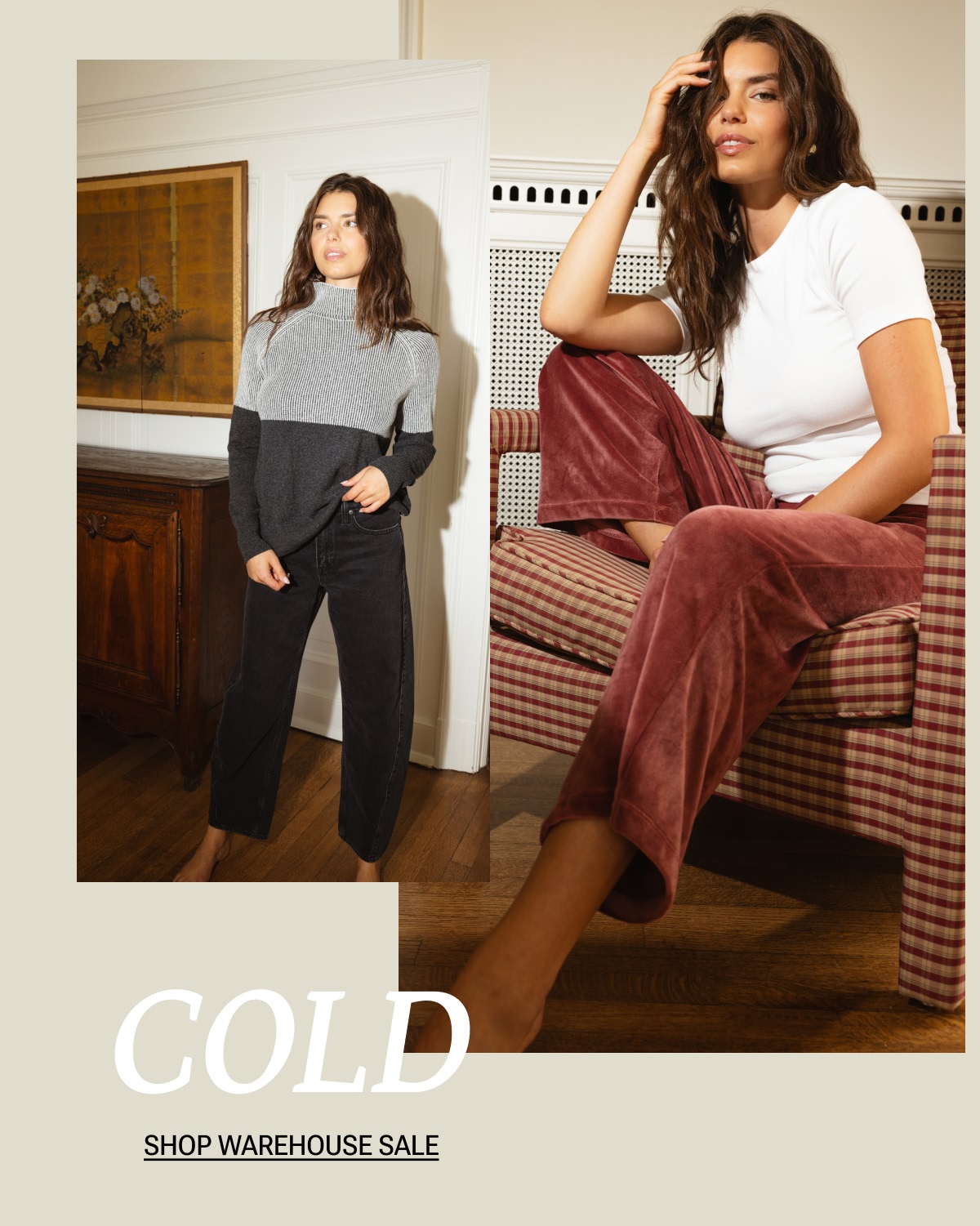 Models in cashmere and velour lounge pants