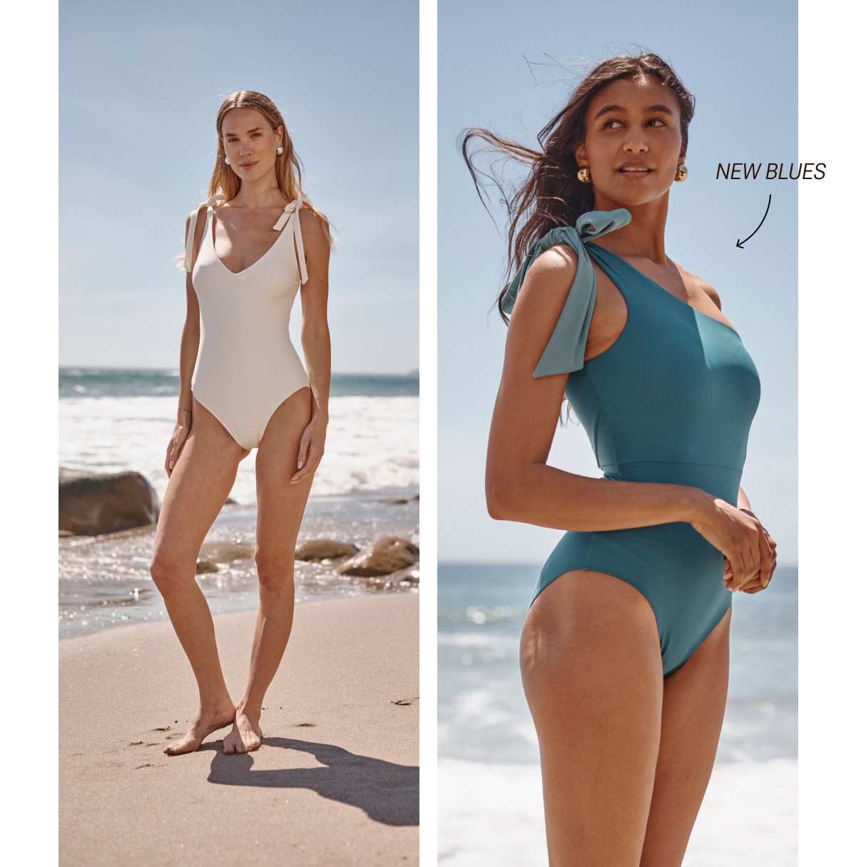 Models wearing a white tie shoulder one piece and blue bow shoulder one piece swimsuit on the beach