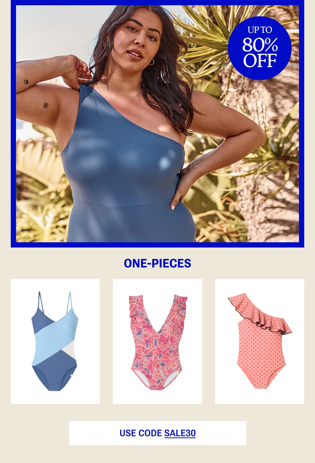 Model in blue one piece swimsuit