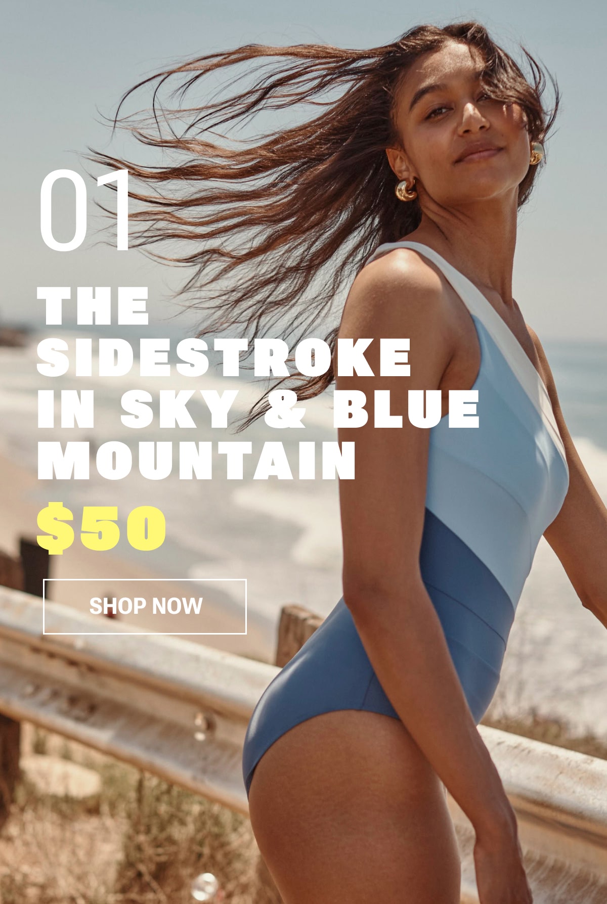 Model in blue and white one piece swimsuit