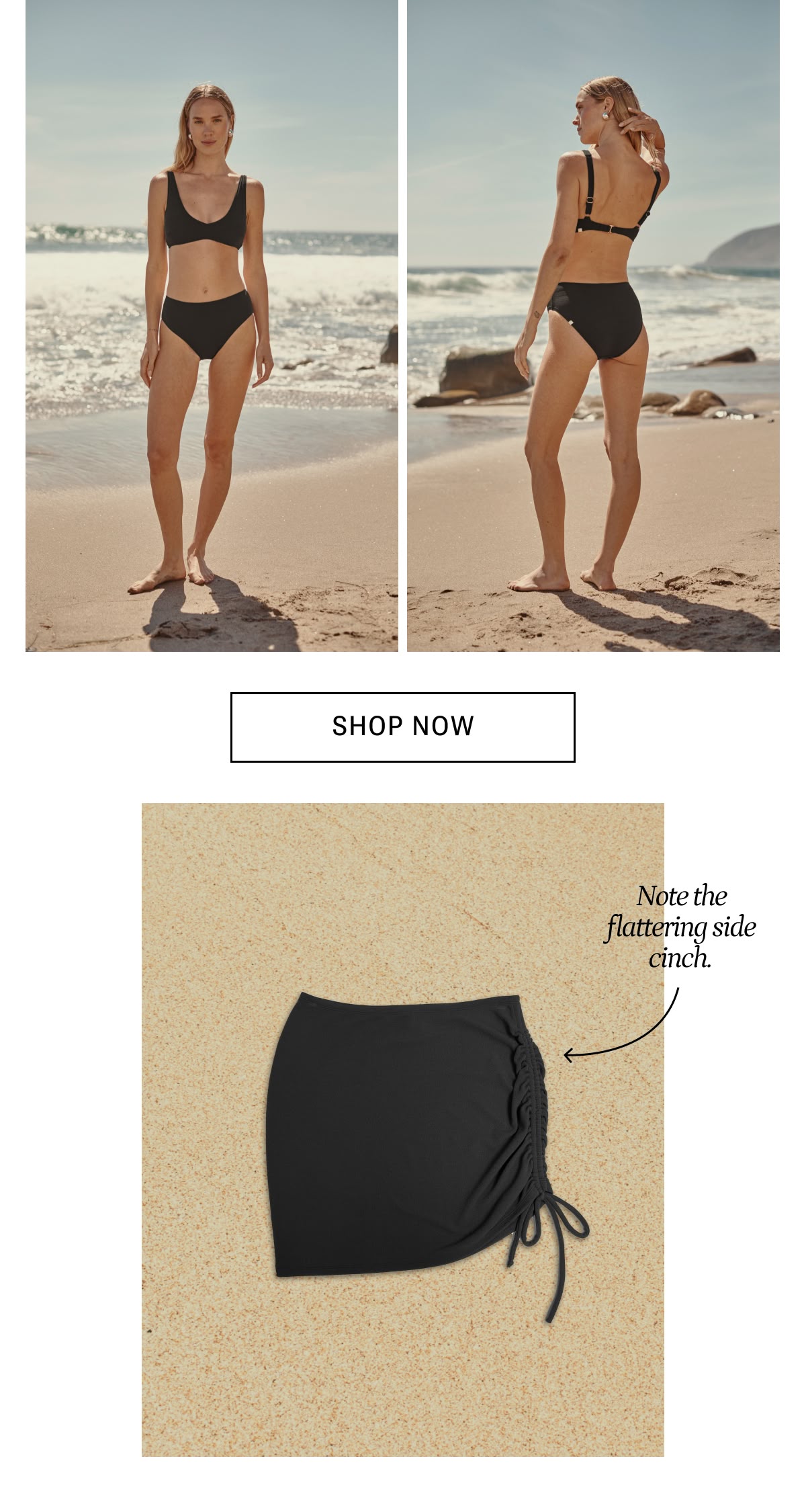 Model in black luxecrinkle bikini top and bottom