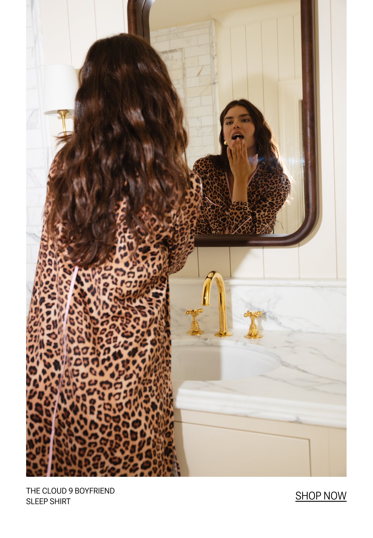 Model in leopard sleep shirt