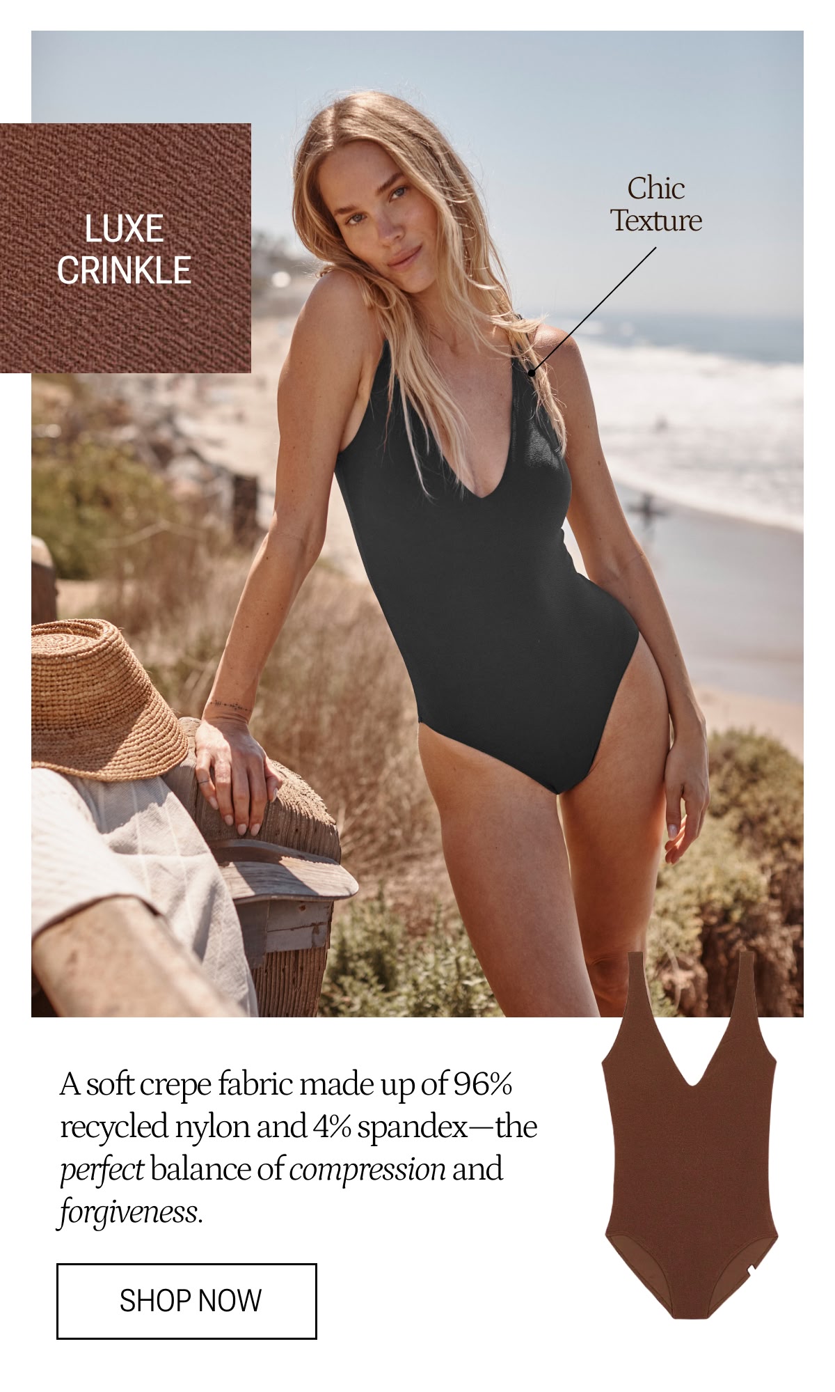 Model in LuxeCrinkle black one piece swimsuit