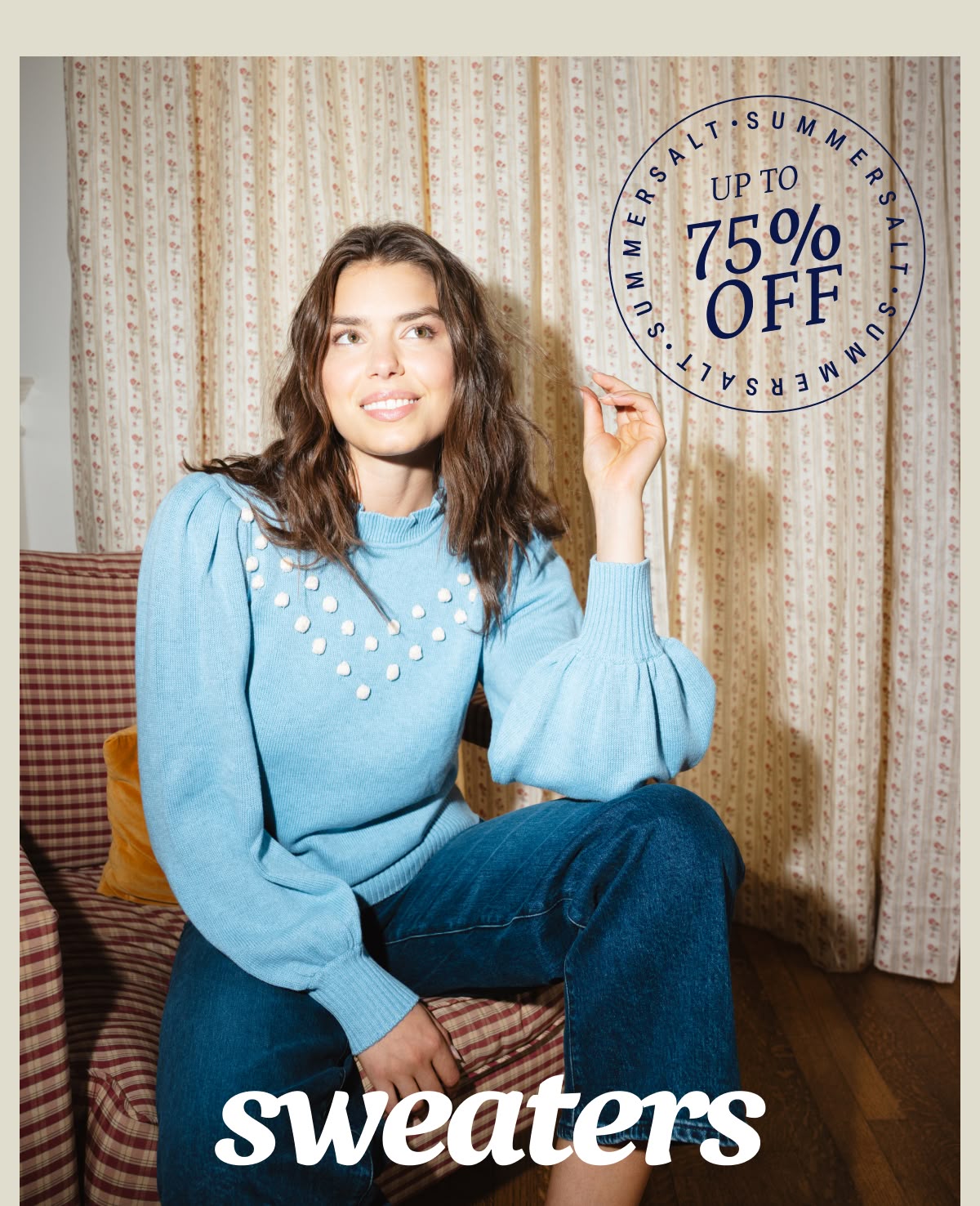 Model in blue cashmere sweater