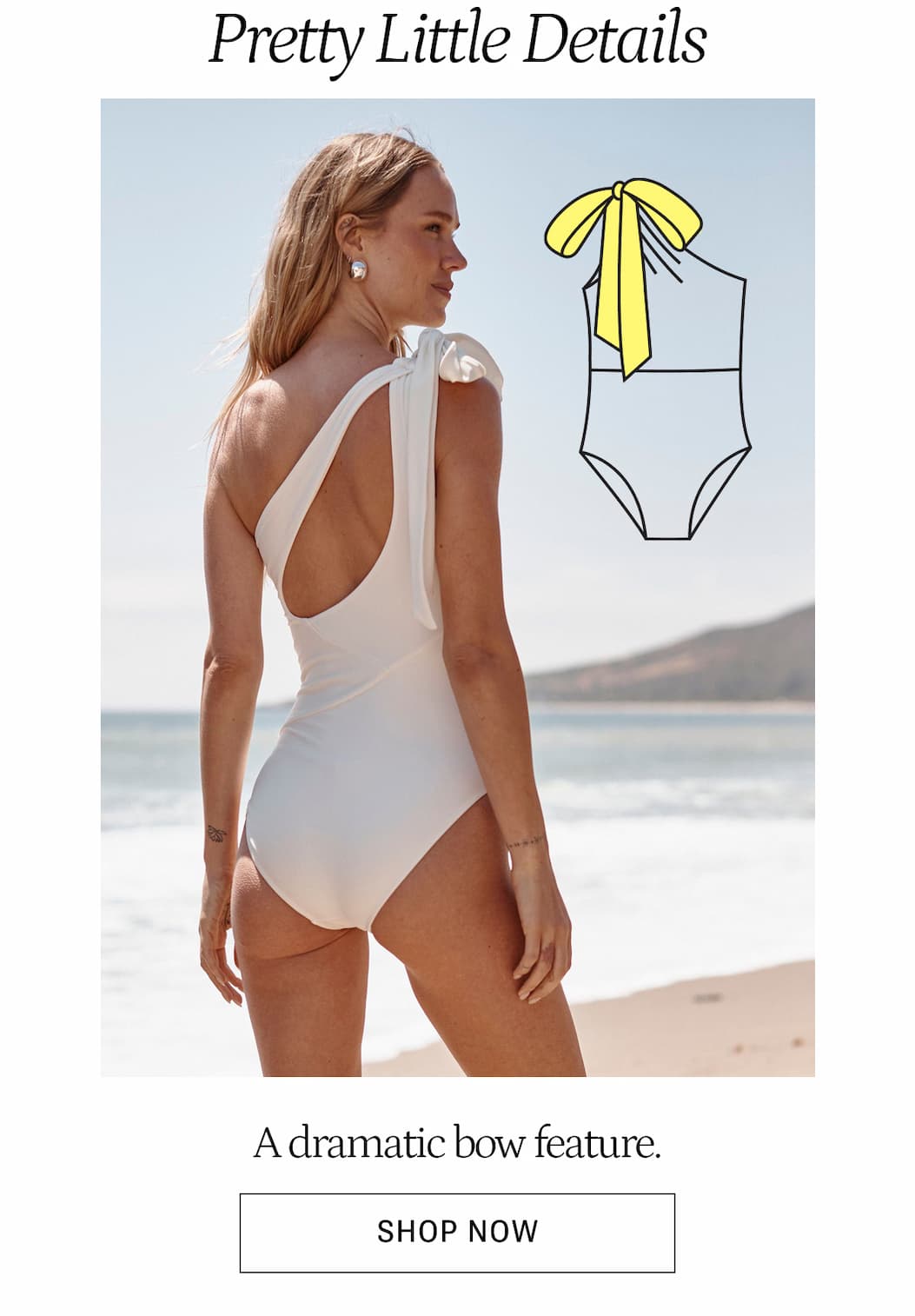 Model in white bow one piece swimsuit