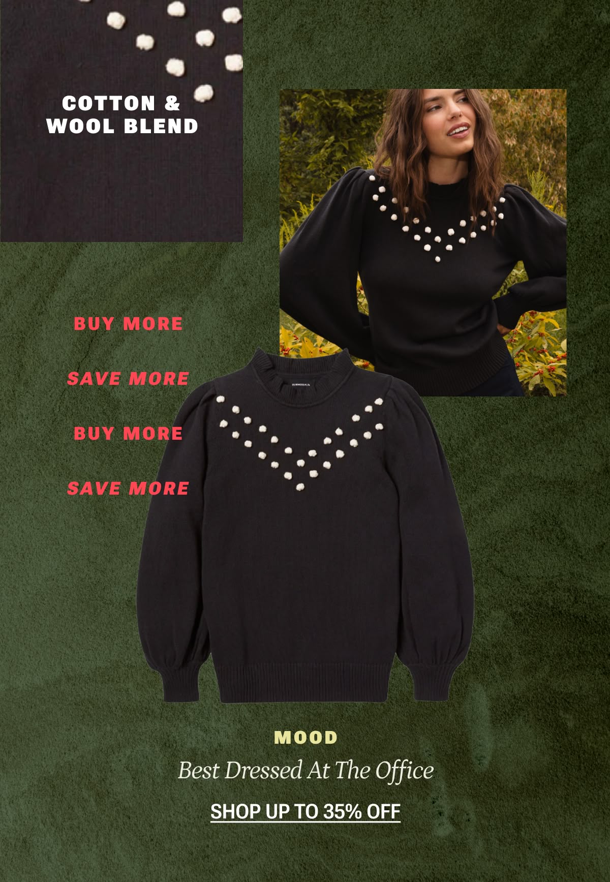 Model in black and white pompom cashmere sweater