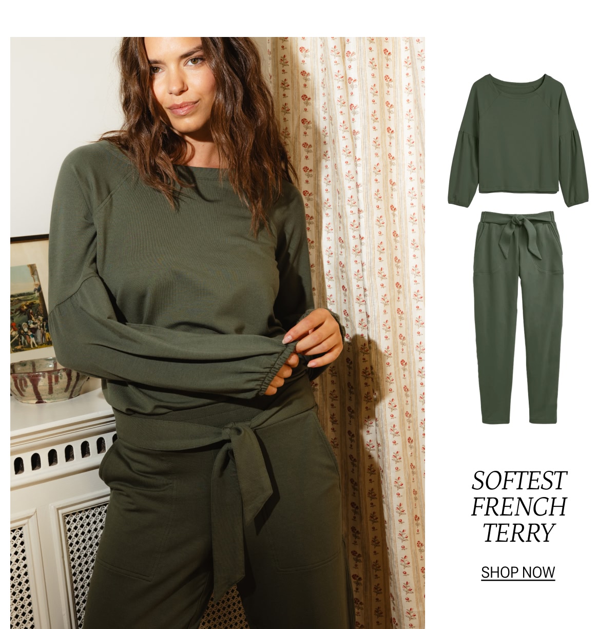 Model in olive green french terry set