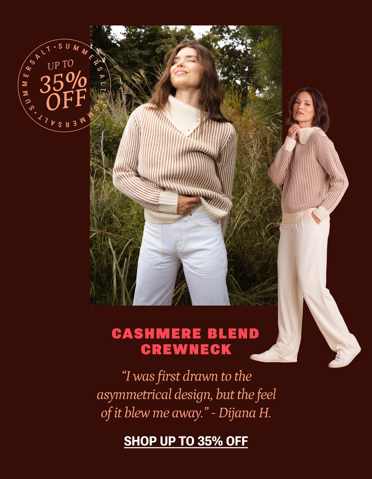 Model in cream and tan button neck cashmere sweater