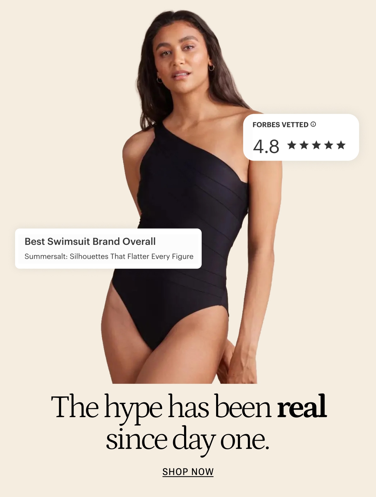 Model in black one piece swimsuit