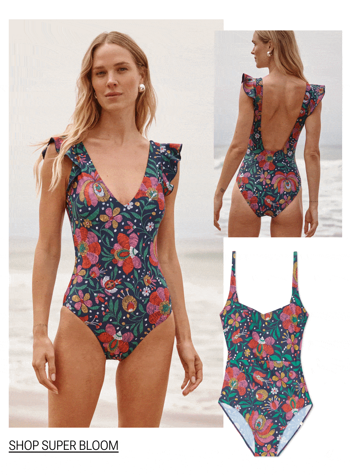Model in multi colored floral printed one piece swimsuit
