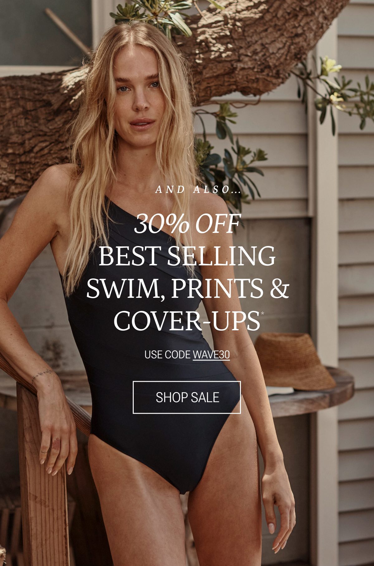 And also... 30% off best selling swim, prints & cover-ups. Use code WAVE30. SHOP SALE. Model in Sidestroke in Sea Urchin (black)