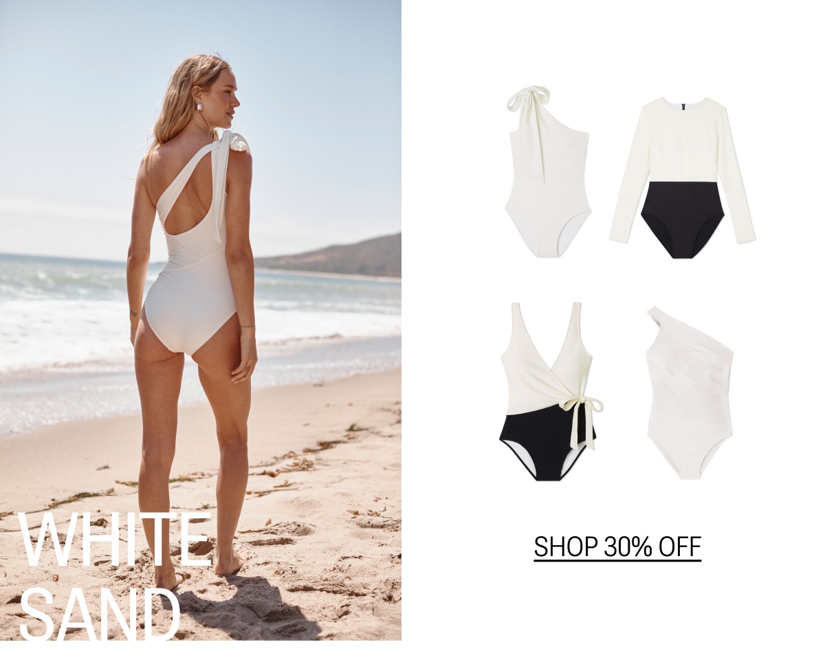 Model in white one piece swimsuit