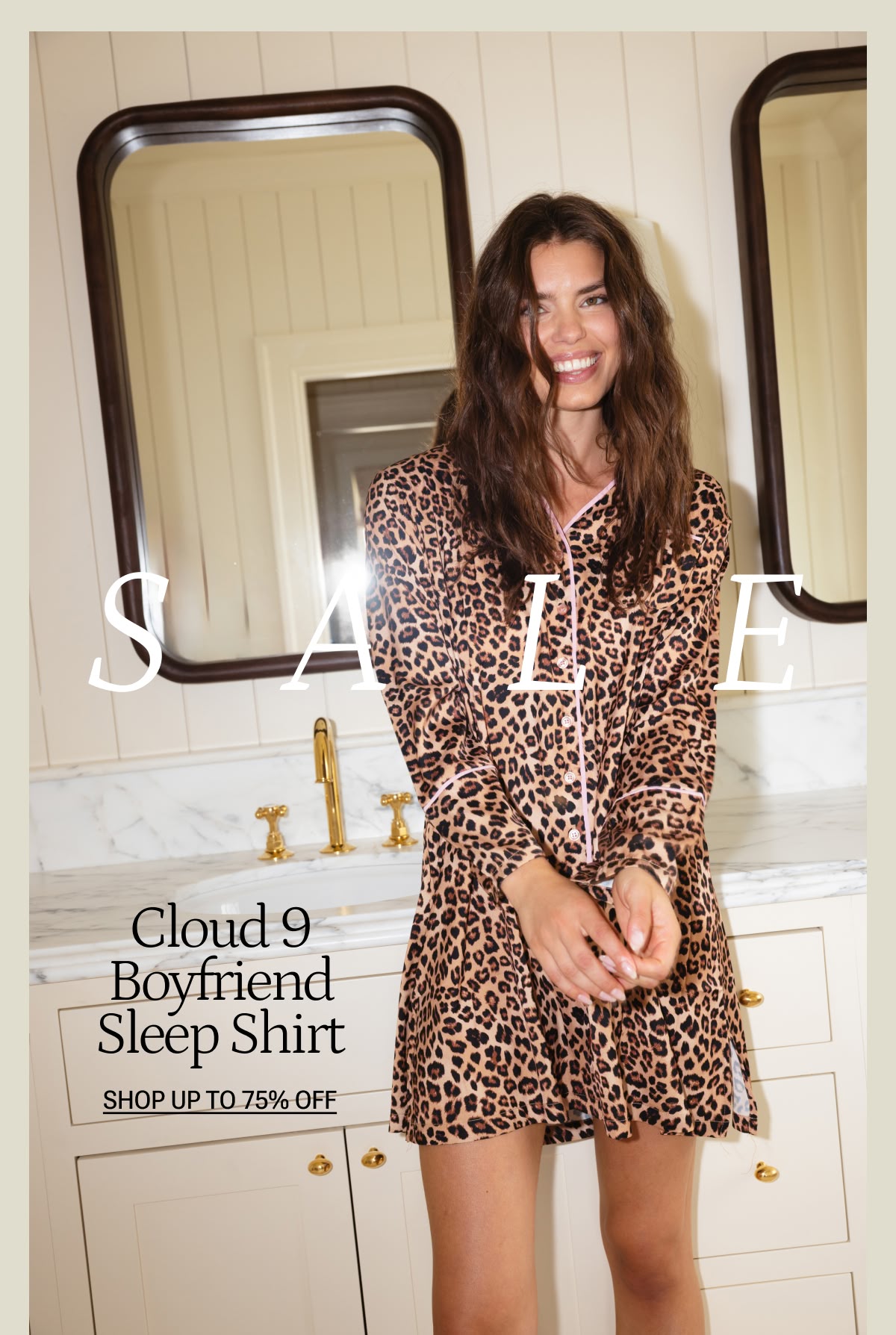 Model in leopard boyfriend sleep shirt