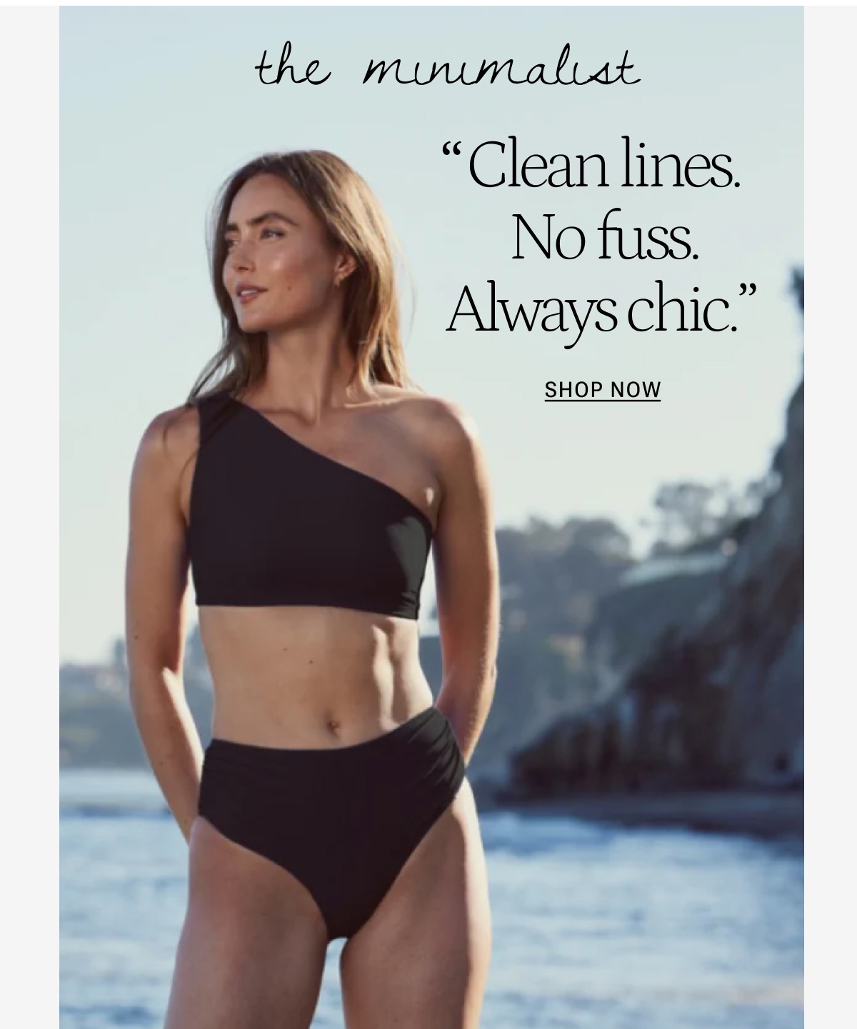 Model in matching black bikini top and bottom