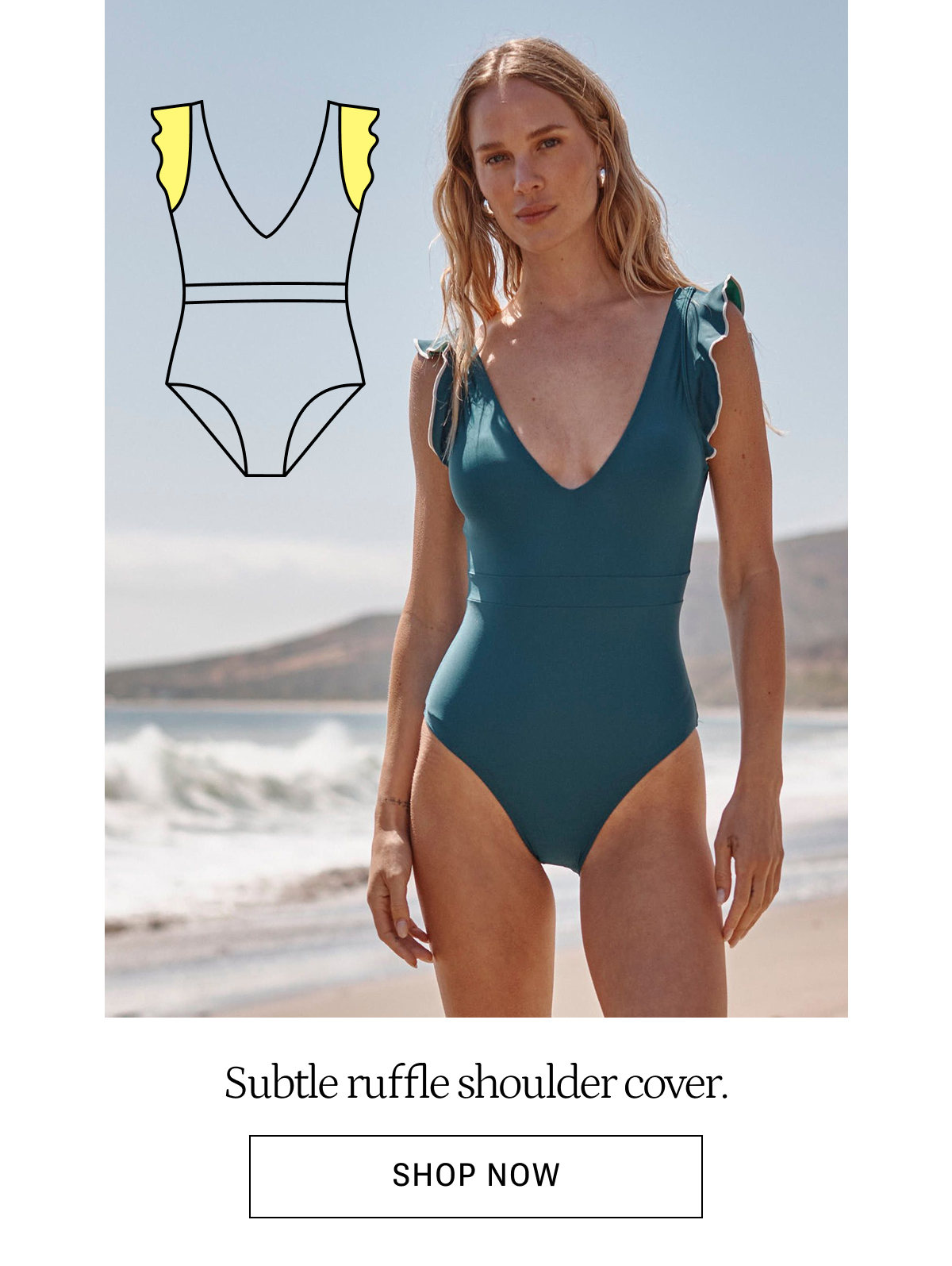 Model in teal ruffle one piece swimsuit