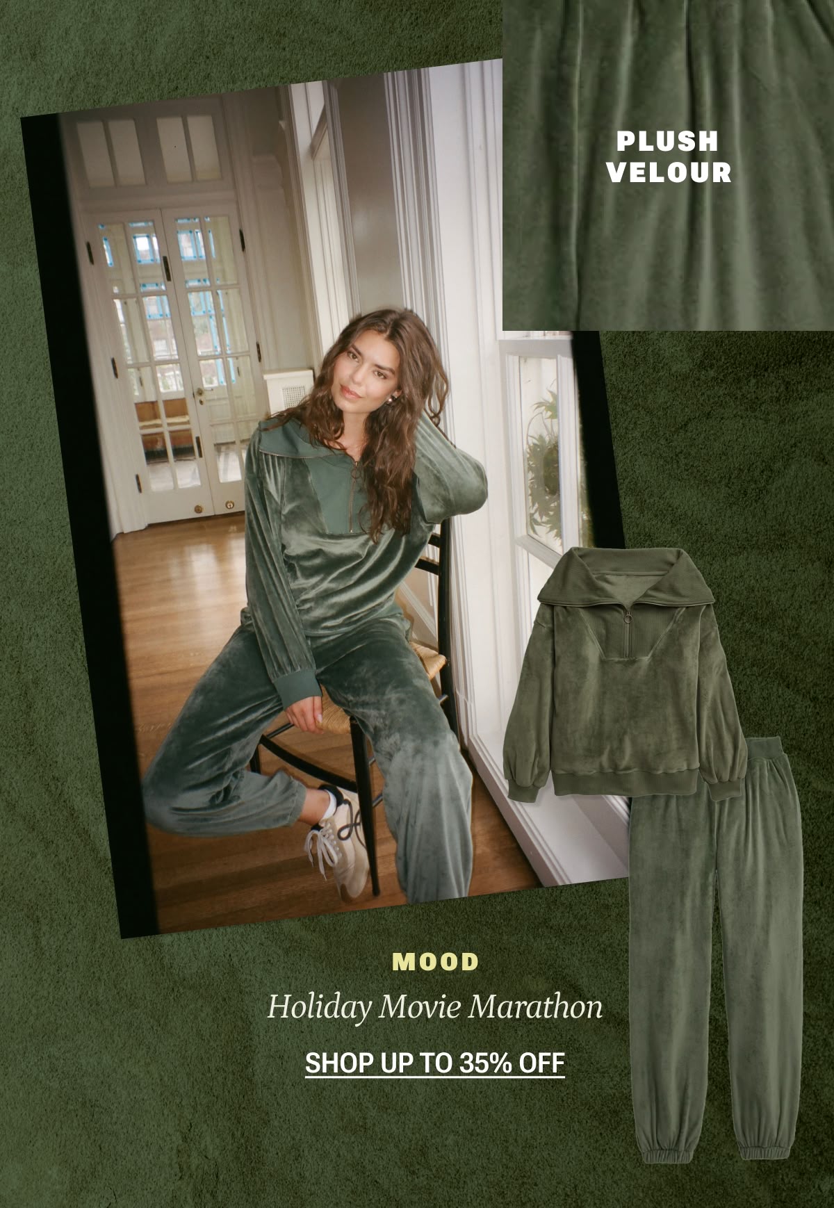 Model in olive green velour set