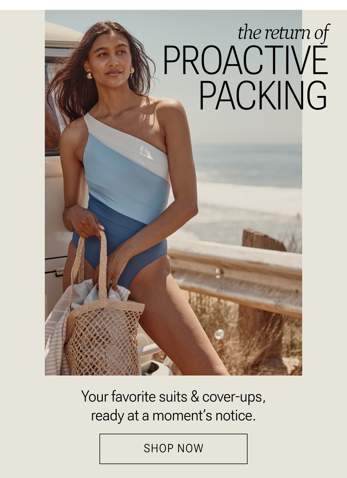 Model in blue and white one piece swimsuit