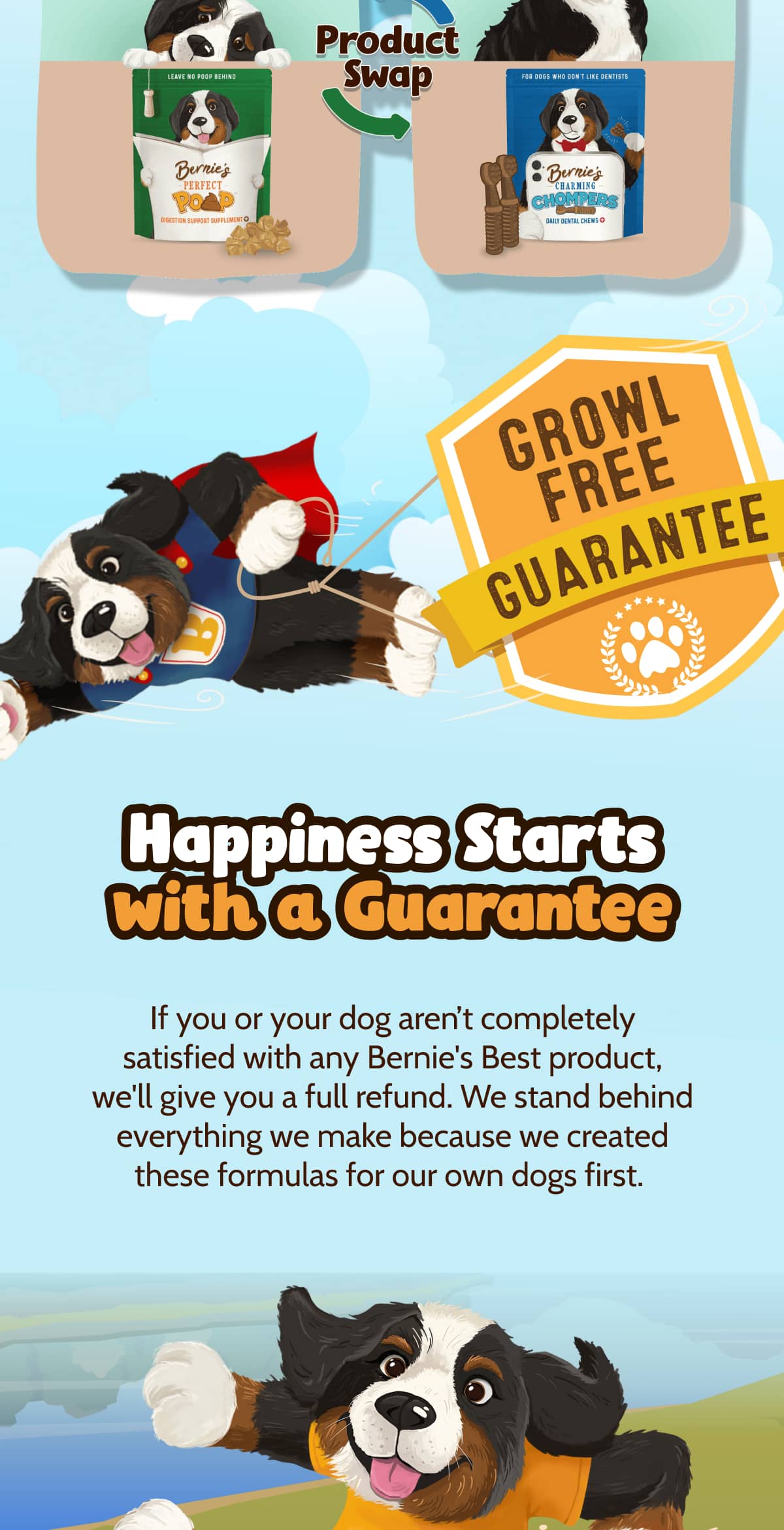 Product Swap. Happiness Starts with a Guarantee   If you or your dog aren't completely satisfied with any Bernie's Best product, we'll give you a full refund. We stand behind everything we make because we created these formulas for our own dogs first. 