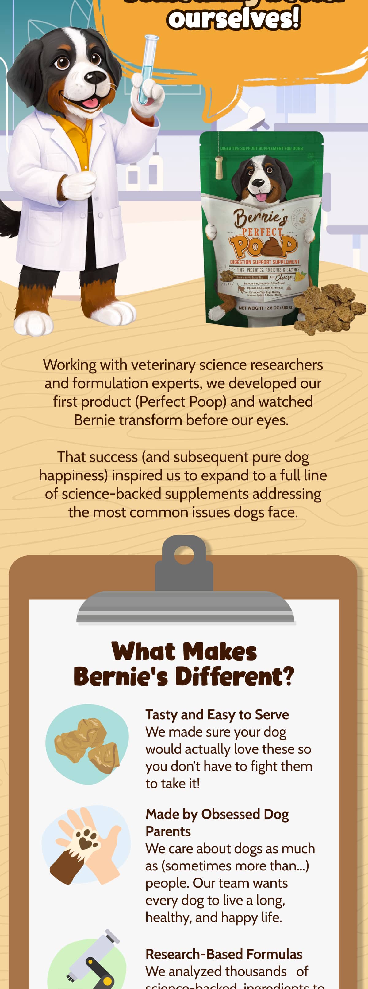 Working with veterinary science researchers and formulation experts, we developed our first product (Perfect Poop) and watched Bernie transform before our eyes. That success (and subsequent pure dog happiness) inspired us to expand to a full line of science-backed supplements addressing the most common issues dogs face. What Makes Bernie's Different? Tasty and Easy to Serve   We made sure your dog would actually love these so you don't have to fight them to take it! Made by Obsessed Dog Parents   We care about dogs as much as (sometimes more than…) people. Our team wants every dog to live a long, healthy, and happy life.  Research-Based Formulas   We analyzed thousands of science-backed ingredients to create truly effective products. 