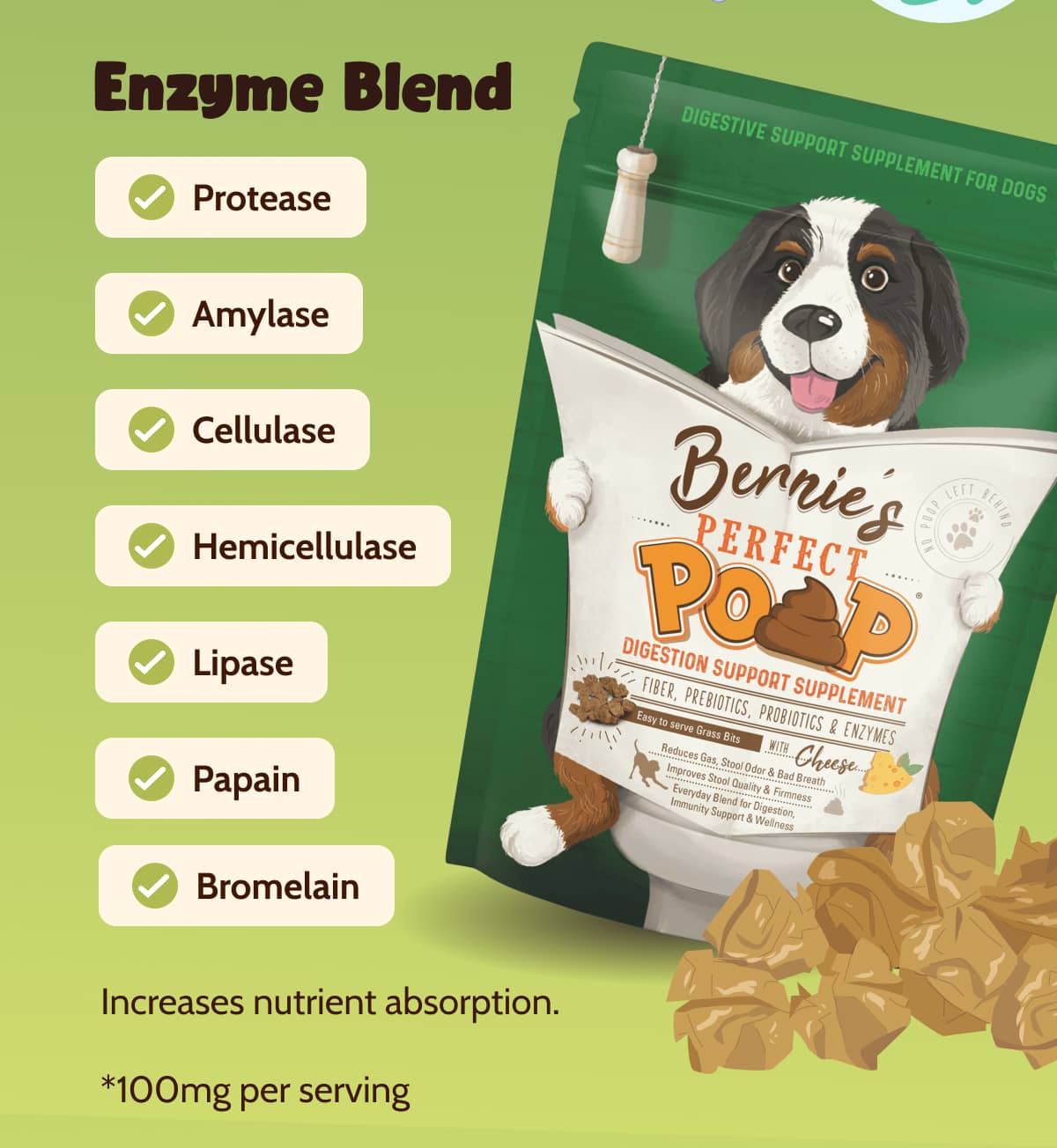 Enzyme Blend  Protease  Amylase  Cellulase  Hemicellulase  Lipase  Papain  Bromelain   Increases nutrient absorption.   *100mg per serving 