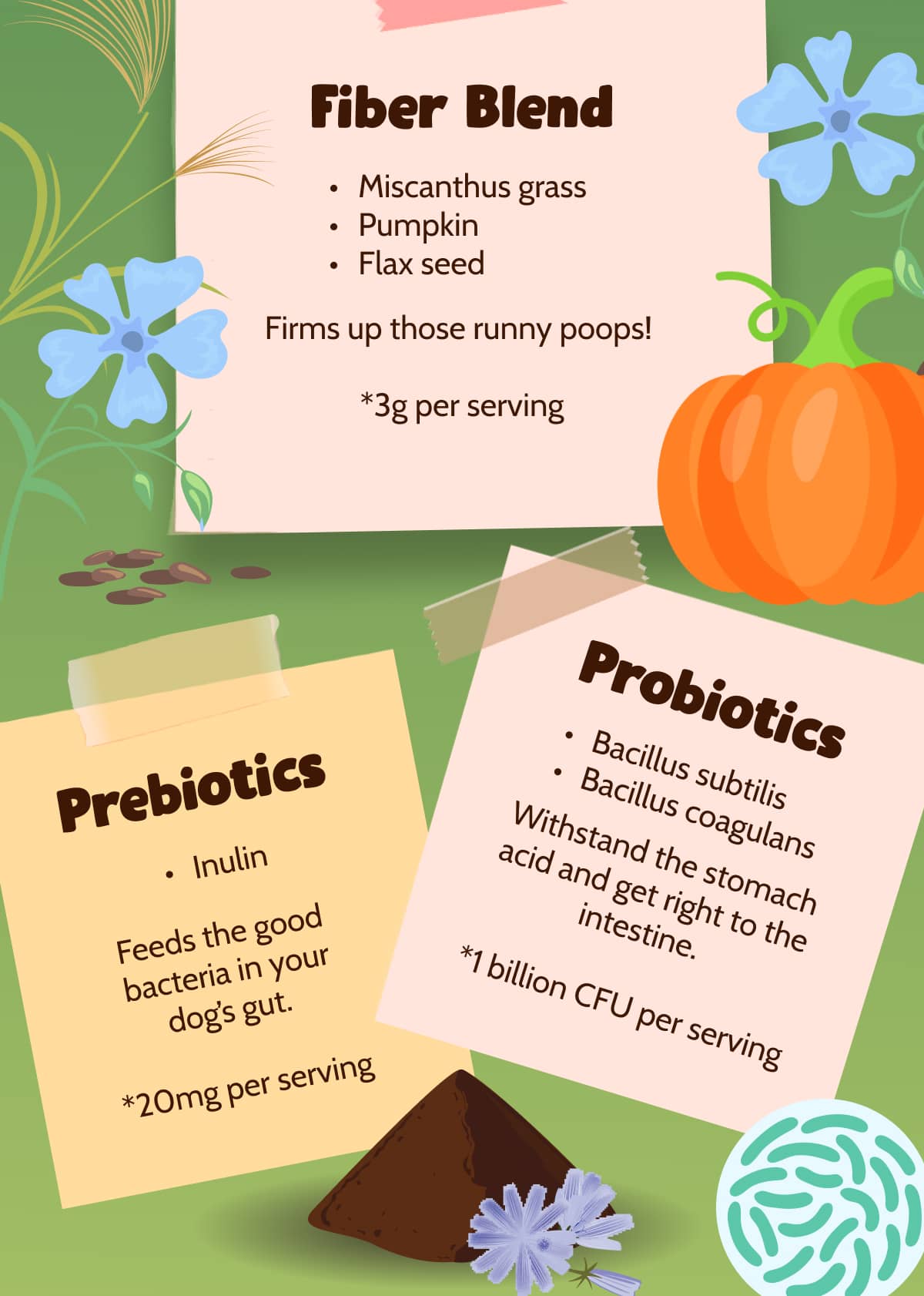 Fiber Blend  Miscanthus grass  Pumpkin  Flax seed   Firms up those runny poops!   *3g per serving    Prebiotics  Inulin   Feeds the good bacteria in your dog's gut.   *20mg per serving 