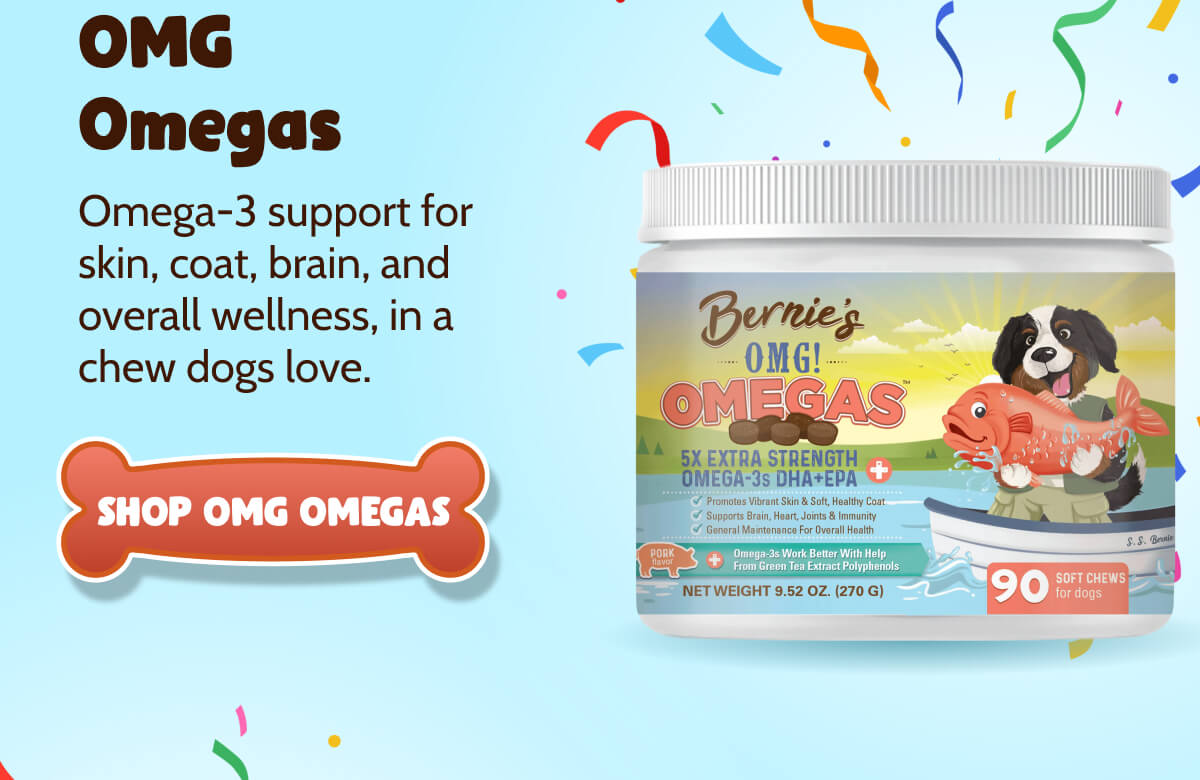 OMG Omegas Omega-3 support for skin, coat, brain, and overall wellness, in a chew dogs love. >> SHOP OMG OMEGAS <<