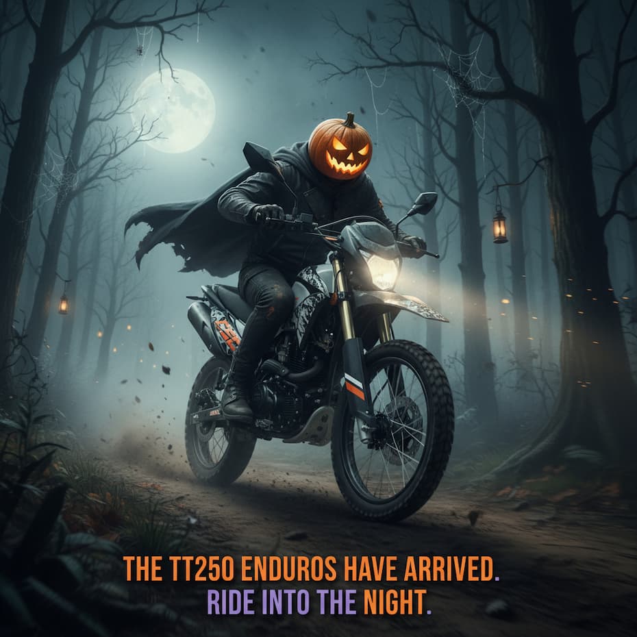 The headless horseman riding the TT250 Enduro Dual-Sport Motorcycle