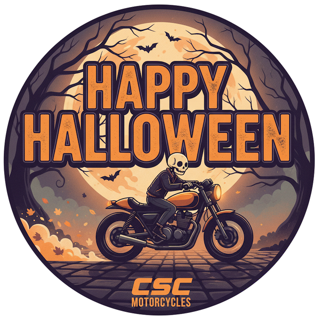Happy Halloween! Skeleton Riding a Motorcycle In Front of the Moon
